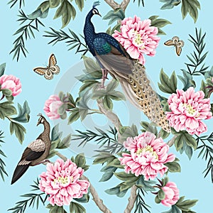 Seamless pattern with Chinese peonies and peacocks. Vector.