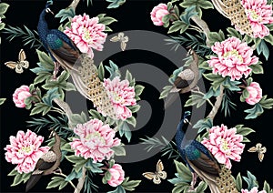 Seamless pattern with Chinese peonies and peacocks. Vector.
