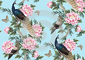 Seamless pattern with Chinese peonies and peacocks. Vector.
