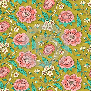 Seamless pattern with chinoiserie hand drawn motifs