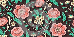 Seamless pattern with chinoiserie hand drawn motifs