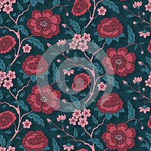 Seamless pattern with chinoiserie hand drawn motifs