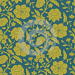 Seamless pattern with chinoiserie hand drawn motifs