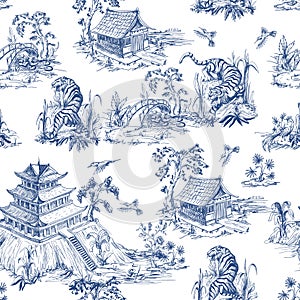 Seamless pattern in chinoiserie style for fabric or interior design.