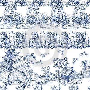 Seamless pattern in chinoiserie style for fabric or interior design.