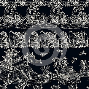 Seamless pattern in chinoiserie style for fabric or interior design.