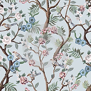 Seamless pattern in chinoiserie style with peonies trees and birds . Vector,