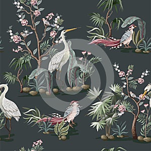 Seamless pattern in chinoiserie style with storks, birds and peonies. Vector,