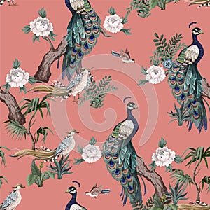 Seamless pattern in chinoiserie style with storks, birds and peonies. Vector,