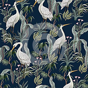 Seamless pattern in chinoiserie style with storks, birds and peonies. Vector,