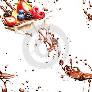 seamless pattern of chocolate cream yogurt splashes, liquid cream with fruits and berries spill and hover in the air, isolated