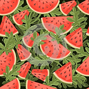 Seamless pattern of chopped slices of watermelon with green leaves flat vector illustration on black background