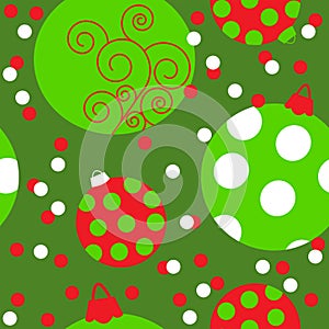 Seamless pattern with Christmas balls on a green background