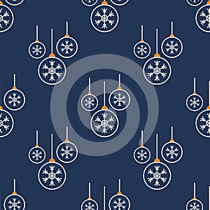 Seamless pattern with Christmas balls. White contour with a pattern of snowflakes. Festive flat style design for