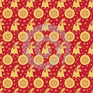 Seamless pattern with Christmas bell holly leaves and berries, a ball snowflakes.