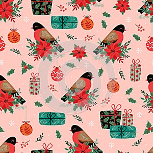 Seamless pattern with  Christmas birds and gifts