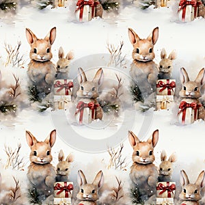 Seamless pattern of Christmas bunnies with Christmas gifts. Pattern for napkins, wrapping paper