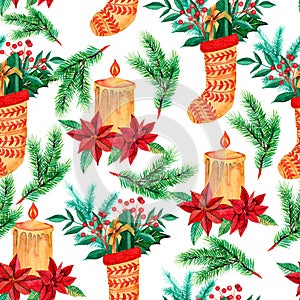 Seamless pattern with christmas candles and stocking