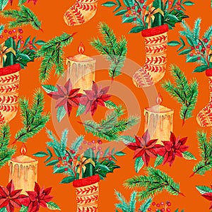 Seamless pattern with christmas candles and stocking on orange background