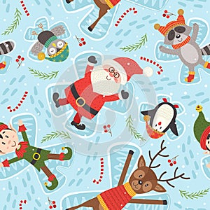 Seamless pattern with Christmas characters make snow angel