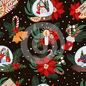 Seamless pattern with Christmas decor and flowers. Vector.