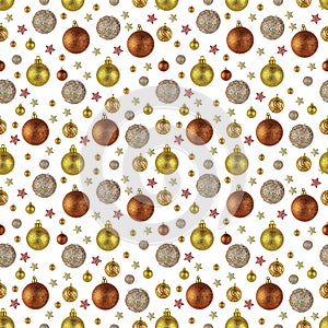 A seamless pattern of Christmas decorations, balloons and stars isolated on a white background