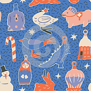 A seamless pattern of christmas decorations on a blue background