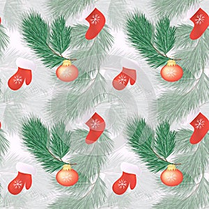 Seamless pattern.Christmas decorations and boxes with gifts festive background with branches of spruce and boot of Santa Claus photo