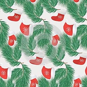 Seamless pattern.Christmas decorations and boxes with gifts festive background with branches of spruce and boot of Santa Claus photo