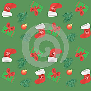 Seamless pattern.Christmas decorations and boxes with gifts festive background with branches of spruce and boot of Santa Claus photo