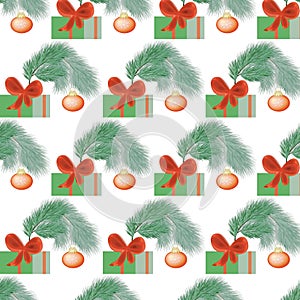 Seamless pattern.Christmas decorations and boxes with gifts festive background with branches of spruce photo