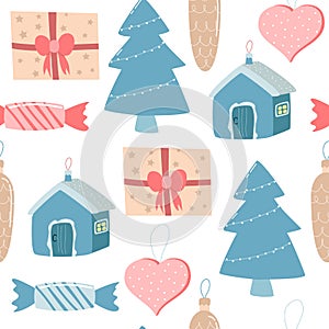 Seamless pattern with Christmas decorations, vector illustration