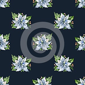 Seamless pattern with Christmas elements White poinsettia. Watercolor illustration.