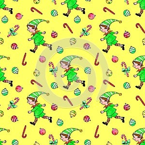 Seamless pattern with Christmas elfes boys, candy cane, sweets, tree balls. New year Xmas backgrounds and textures. For greeting