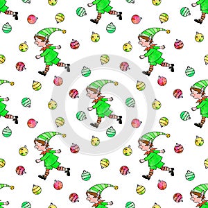 Seamless pattern with Christmas elfes boys, tree balls. New year Xmas backgrounds and textures. For greeting cards, wrapping paper