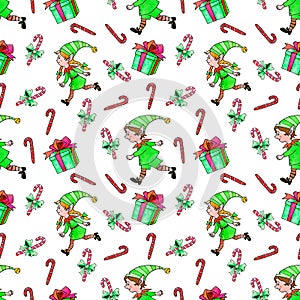 Seamless pattern with Christmas elfes, candy cane, gift boxes. New year Xmas backgrounds and textures. For greeting cards,