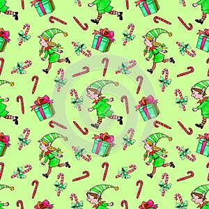 Seamless pattern with Christmas elfes, candy cane, gift boxes. New year Xmas backgrounds and textures. For greeting cards,