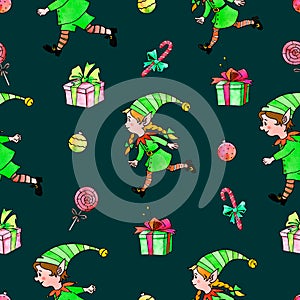 Seamless pattern with Christmas elfes, candy cane, gift boxes. New year Xmas backgrounds and textures. For greeting cards,