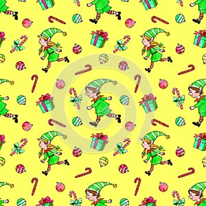 Seamless pattern with Christmas elfes, candy cane, gift boxes, tree balls. New year Xmas backgrounds and textures. For greeting