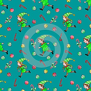Seamless pattern with Christmas elfes, candy cane, sweets, tree balls. New year Xmas backgrounds and textures. For greeting cards
