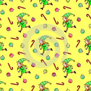 Seamless pattern with Christmas elfes girls, candy cane, sweets, tree balls. New year Xmas backgrounds and textures. For greeting