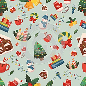 Seamless Pattern with Christmas Fir Tree, Garland, Bells and Socks. Gingerbread House, Candles, Snowman and Mittens