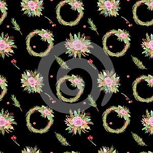 Seamless pattern of Christmas floral arrangement and wreath on black background Winter Botanical elements flowers rose