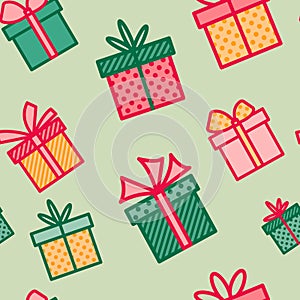 Seamless pattern with Christmas gifts, colorful background with present boxes, seasonal winter holiday wallpaper