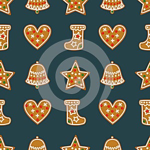 Seamless pattern with Christmas gingerbread cookies - bell, Xmas stocking, star, heart.