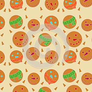Seamless pattern of christmas gingerbread cookies in the shape of circle