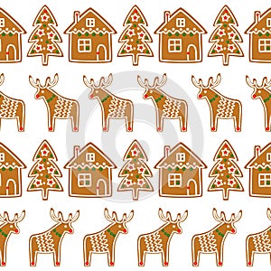 Seamless pattern with Christmas gingerbread cookies - xmas tree, deer, house.