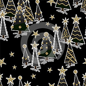 Seamless pattern with Christmas glitter trees. Vector.