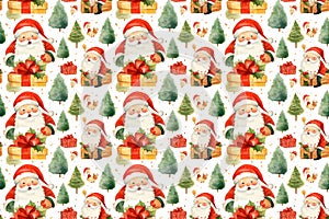 seamless pattern of christmas icon,water color painting, santa claus, gift box, christmas tree
