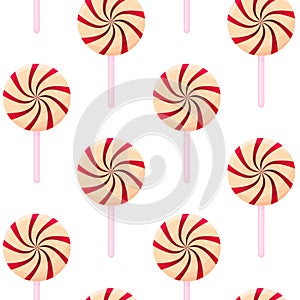 seamless pattern of Christmas mints. Vector Red and white lollipops. Sweet candies